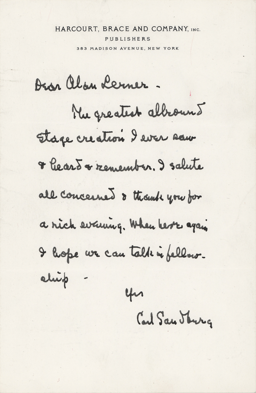 Lot 638 Carl Sandburg Autograph Letter Signed to Alan Jay Lerner