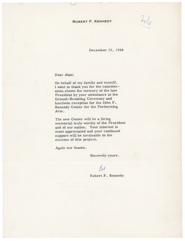Lot 285 Robert F. Kennedy Typed Letter Signed to Alan Jay Lerner on His Attendance at the Groundbreaking of the John F. Kennedy Center for the Performing Arts