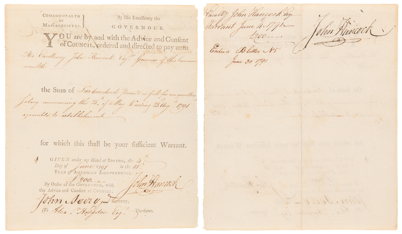 Lot 155 John Hancock Twice-Signed Document as Governor of Massachusetts, Paying His Own Salary