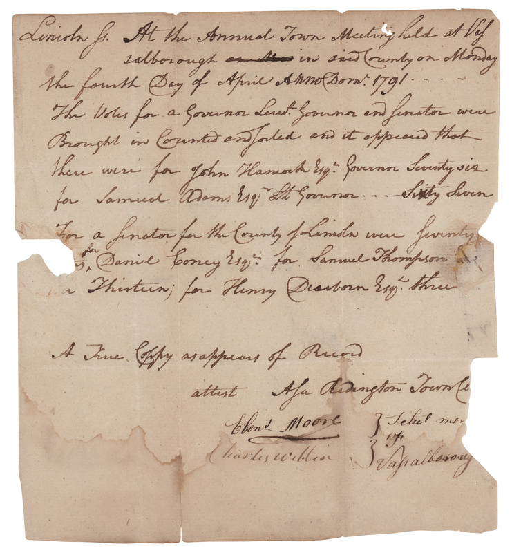 Lot 275 John Hancock and Samuel Adams: Vassalborough's Votes for Governor and Lieutenant Governor