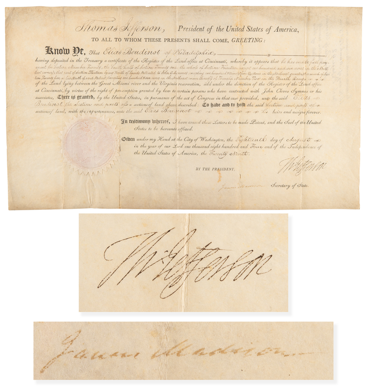 Lot 6 Thomas Jefferson and James Madison Document Signed as President and Secretary of State, Granting Land to Former President of the Confederation Congress Elias Boudinot