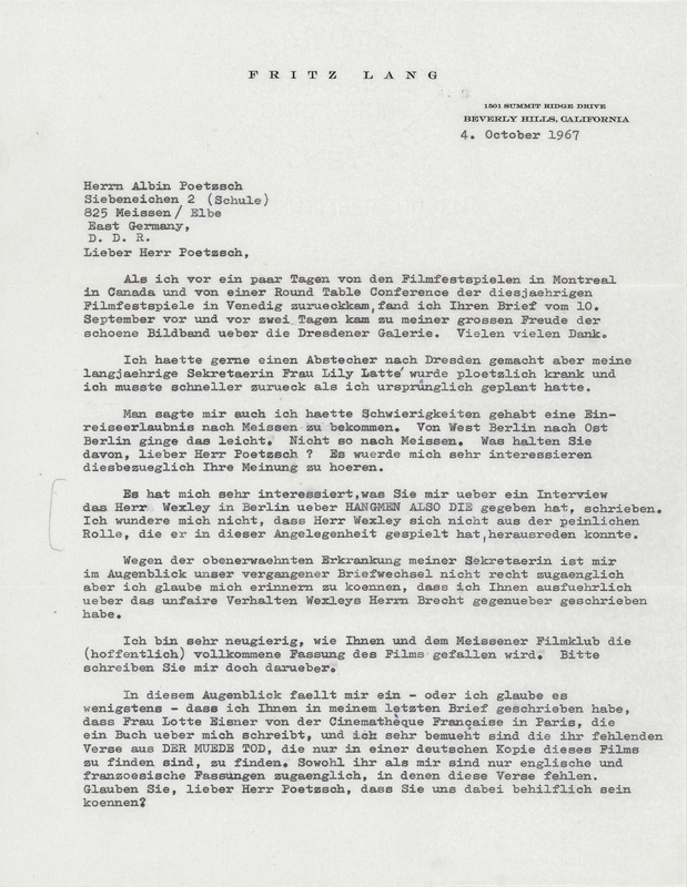 Lot 945 Fritz Lang Typed Letter Signed, Referring to the Films of Jean-Luc Godard and Orson Welles