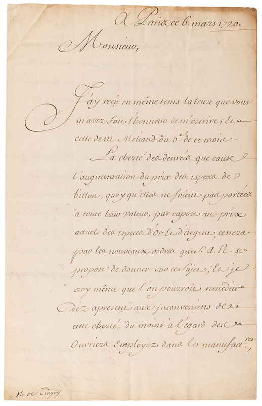 Lot 213 John Law Letter Signed, Expressing Confidence Amidst the Downfall of His Financial System: 