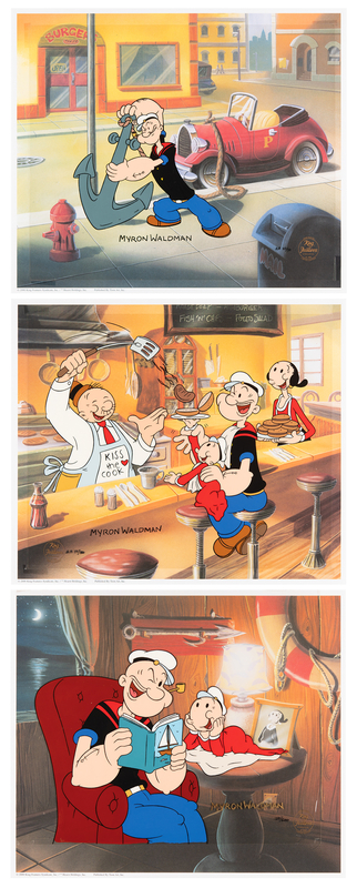 Lot 595 Myron Waldman (3) Signed Limited Edition Popeye Cels with Matching Drawings