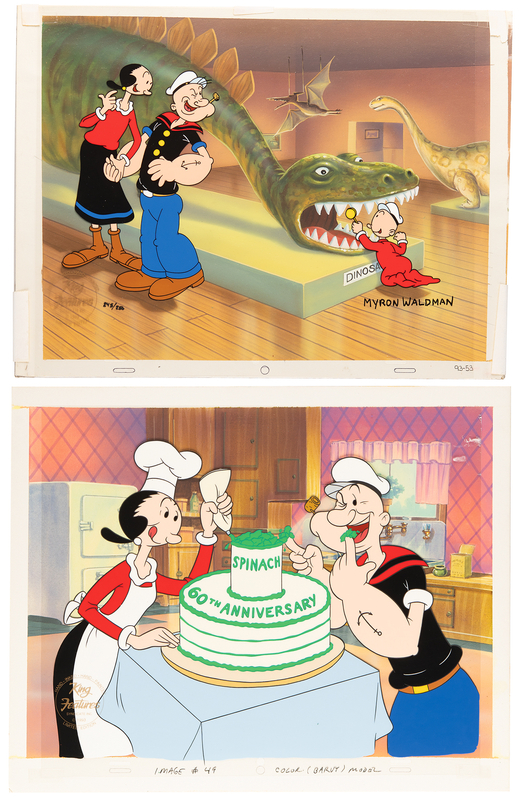 Lot 597 Myron Waldman (2) production key master background set-ups for limited edition Popeye cels