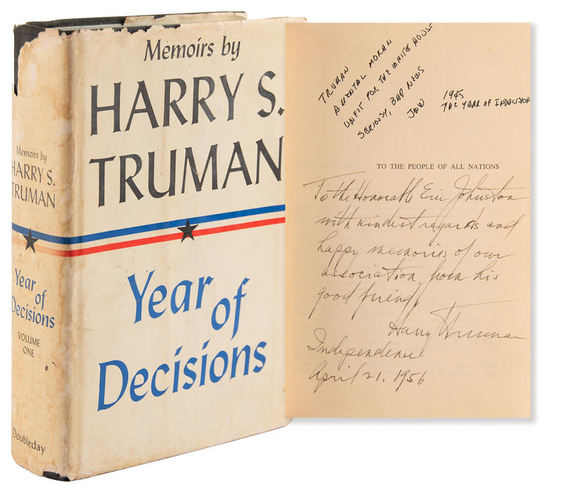 Lot 133 Harry S. Truman Signed Book - Memoirs: Year of Decisions, Presented to the President of the MPAA