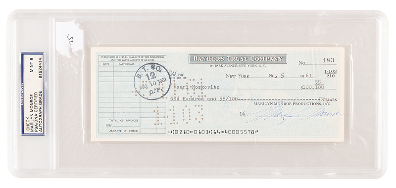 Lot 860 Marilyn Monroe Signed Check (1961) - PSA MINT 9