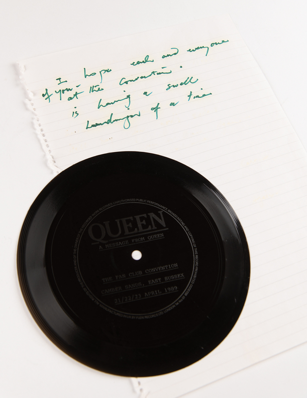 Lot 681 Queen: Freddie Mercury Handwritten Message for the 1989 Queen Fan Club Convention Flexi Disc