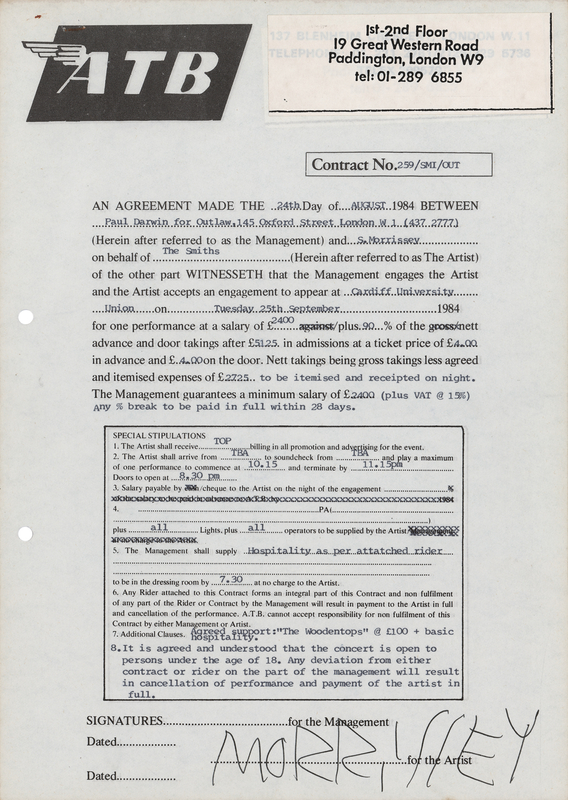 Lot 683 The Smiths: Morrissey Signed 1984 Concert Contract (Cardiff University)