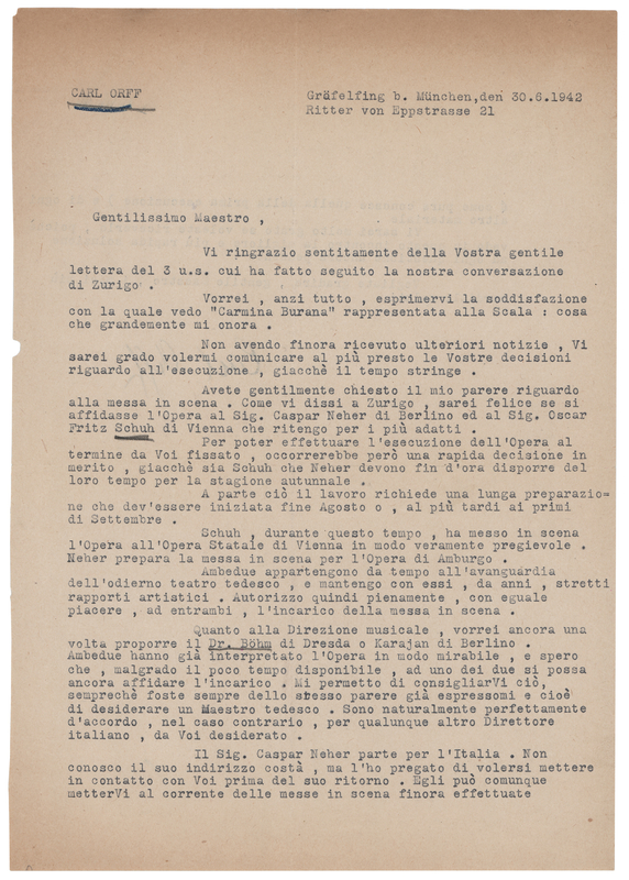 Lot 700 Carl Orff Typed Letter Signed on the Premiere of 'Carmina Burana' at the Teatro alla Scala