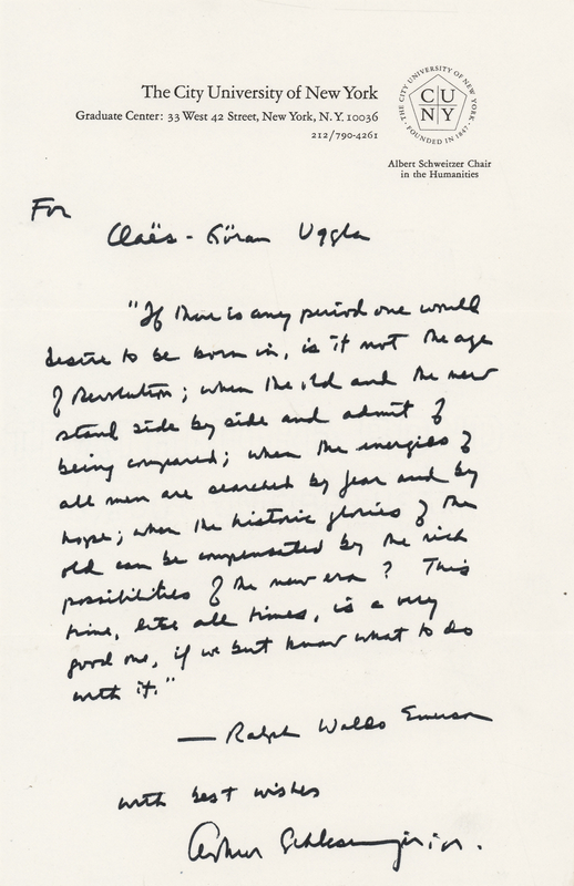 Lot 313 Arthur M. Schlesinger, Jr. Autograph Quote Signed from Ralph Waldo Emerson's 'The American Scholar'