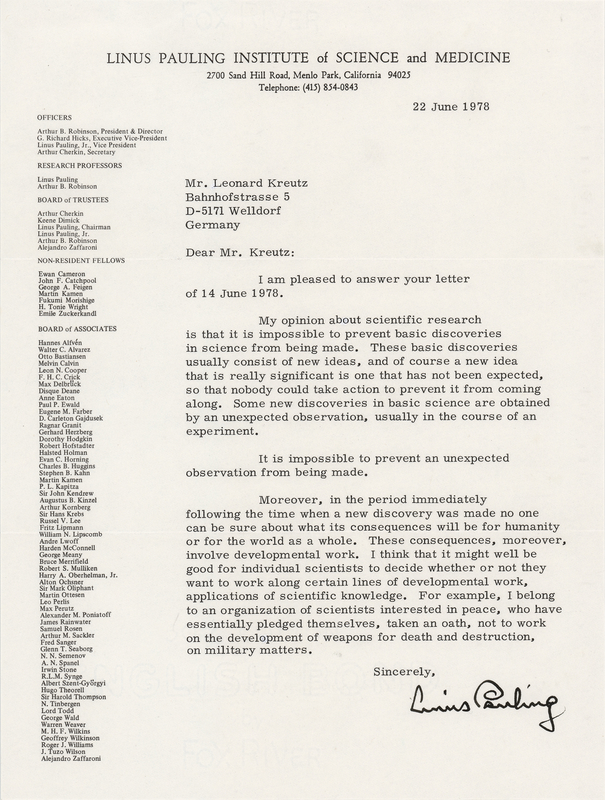 Lot 304 Linus Pauling Typed Letter Signed on Scientific Research and Basic Discoveries