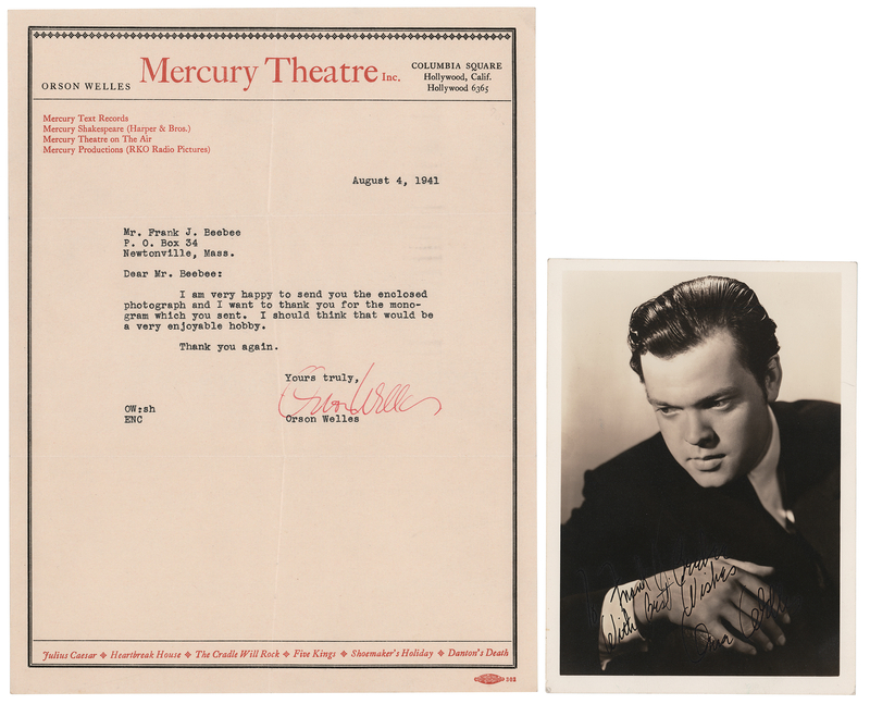 Lot 1002 Orson Welles Signed Photograph and Typed Letter Signed