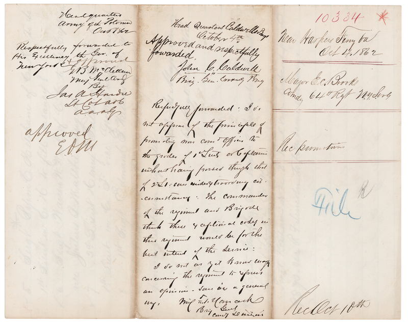 Lot 437 Winfield Scott Hancock Civil War-Dated Autograph Endorsement Signed on Officers' Promotions