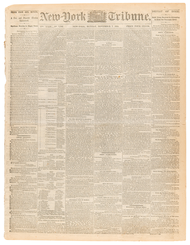 Lot 96 Abraham Lincoln: The New-York Tribune from November 7, 1864, Reporting on the Presidential Election