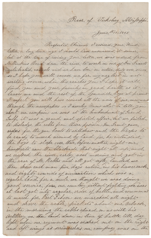 Lot 414 Civil War: Union Soldier's Letter on the Siege of Vicksburg: 