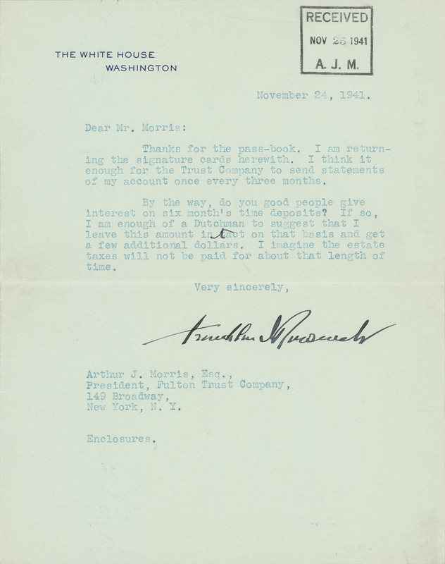Lot 118 Franklin D. Roosevelt War-Dated Typed Letter Signed as President - “I am enough of a Dutchman to…get a few additional dollars”