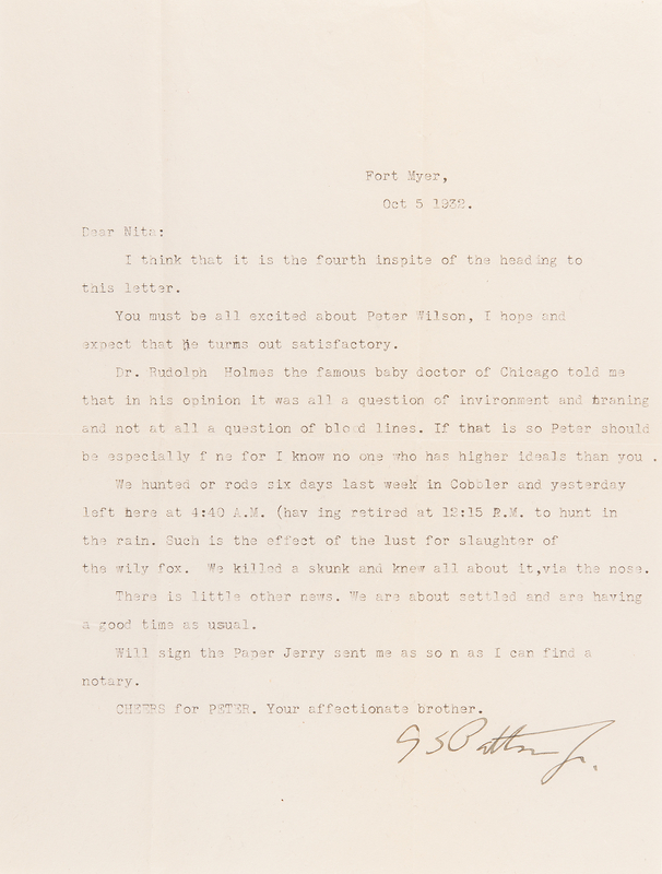 Lot 372 George S. Patton Typed Letter Signed on Hunting and Raising Children