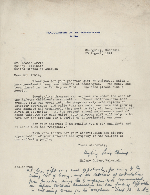 Lot 259 Madame Chiang Kai-shek War-Dated Typed Letter Signed on 'Warphans' and the Refugee Children?s Association