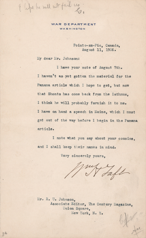 Lot 124 William H. Taft Typed Letter Signed as Secretary of War on the Panama Canal