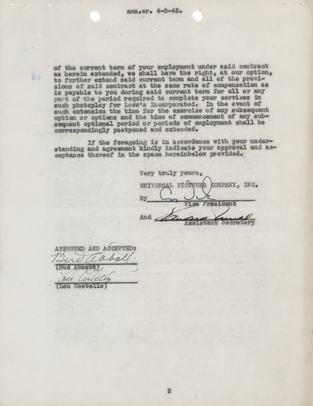 Lot 867 Abbott and Costello Document Signed - Universal Contract Suspension Due to Costello's Fight with Rheumatic Fever