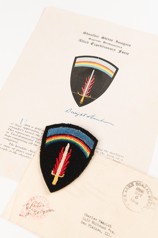 Lot 22 Dwight D. Eisenhower Signed 'Shoulder Sleeve Insignia' Presentation Sheet - Dated One Day Before Germany's Unconditional Surrender (May 6, 1945)