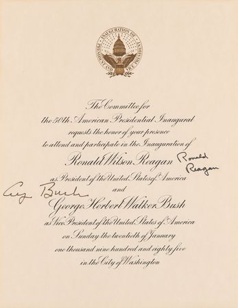 Lot #114 Ronald Reagan and George Bush Signed Inauguration Invitation and Inaugural Gifts/Ephemera - Image 1
