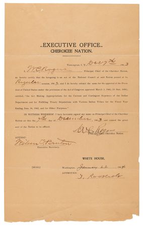 Lot #346 Theodore Roosevelt Document Signed as President, Approving an Act of the Cherokee Nation - Image 1