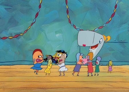 Lot #592 SpongeBob SquarePants, Pearl Krabs, and prom dancers production cel and master production background from SpongeBob SquarePants - Image 1