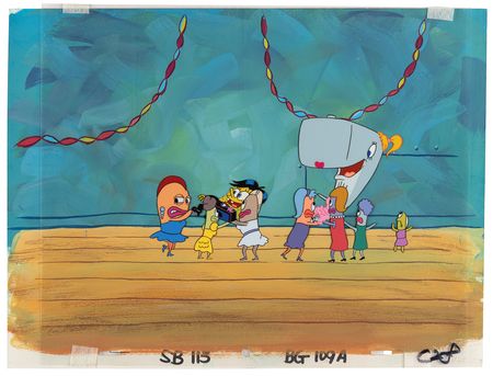 Lot #592 SpongeBob SquarePants, Pearl Krabs, and prom dancers production cel and master production background from SpongeBob SquarePants - Image 2