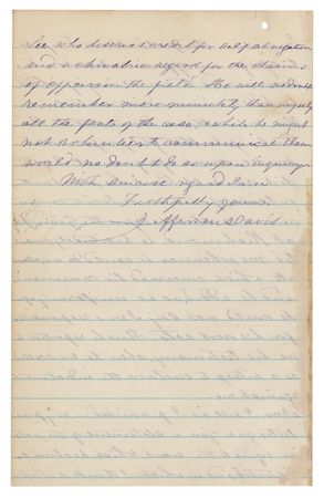 Lot #427 Varina Davis Autograph Letter Signed on Behalf of Jefferson Davis, Correcting the Record on His Relationship with Robert E. Lee: 