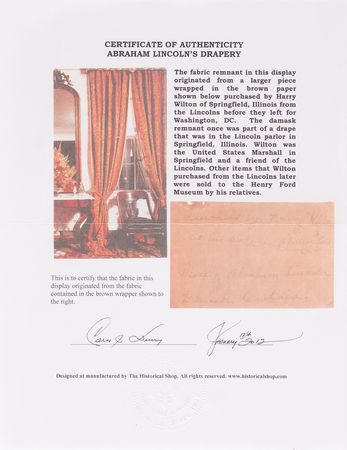 Lot #95 [Abraham Lincoln] Damask Curtain Relic from  the Lincoln Homestead in Springfield, Illinois - Image 2