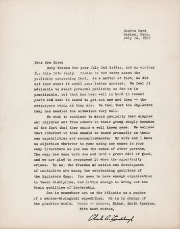 Lot #489 Charles Lindbergh Archive of (6) Typed Letters Signed to His Sons' Camp Director: 
