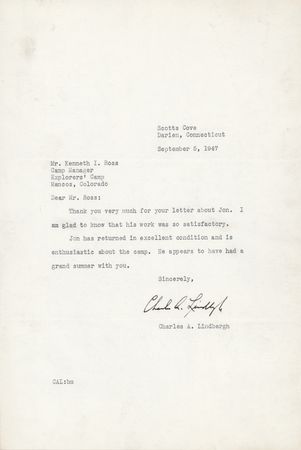 Lot #489 Charles Lindbergh Archive of (6) Typed Letters Signed to His Sons' Camp Director: 