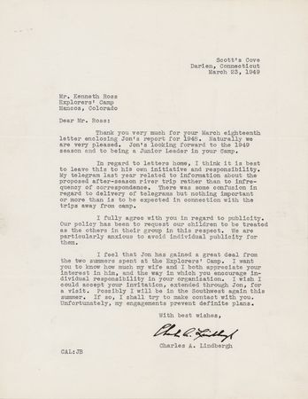 Lot #489 Charles Lindbergh Archive of (6) Typed Letters Signed to His Sons' Camp Director: 