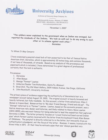 Lot #234 Geronimo: Large, Well-Documented Lock of Hair from the Apache Warrior's Ponytail - Image 3