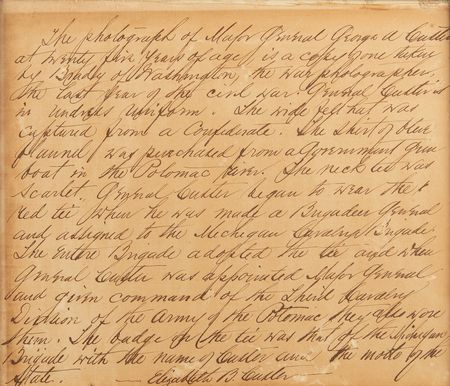 Lot #360 Elizabeth B. Custer Autograph Manuscript Signed on Mathew Brady's Portrait of George A. Custer: 