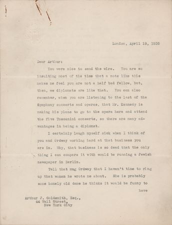 Lot #284 Joseph P. Kennedy Typed Letter Signed with Pre-War Comment - 