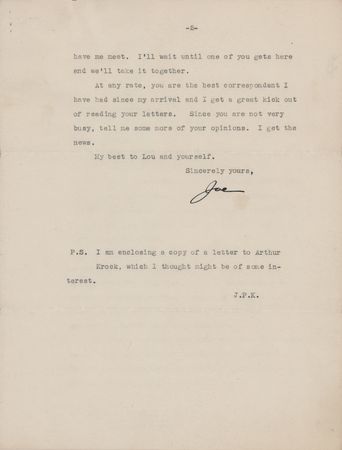 Lot #284 Joseph P. Kennedy Typed Letter Signed with Pre-War Comment - 