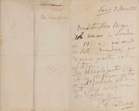 Lot #657 Pyotr Ilyich Tchaikovsky Autograph Letter Signed in Advance of His London Debut: 