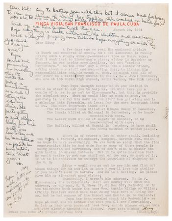 Lot #610 Ernest Hemingway Autograph Note Signed on Mary Hemingway Typed Letter Signed, re: Taxidermy Safari Trophies of a Black-Maned Lion, Impala, Kudu, and Buffalo - Image 1