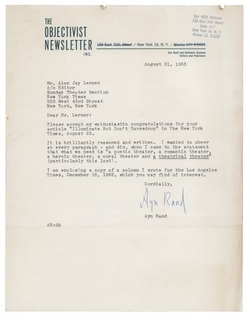 Lot #636 Ayn Rand Typed Letter Signed to Alan Jay Lerner - Image 1