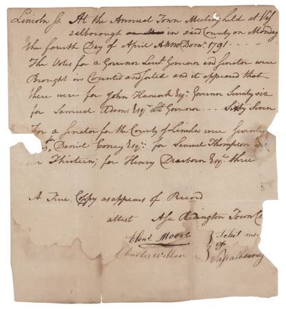 Lot #275 John Hancock and Samuel Adams: Vassalborough's Votes for Governor and Lieutenant Governor - Image 1