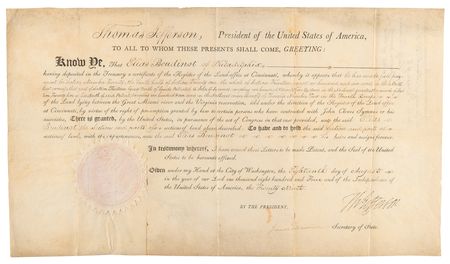 Lot #6 Thomas Jefferson and James Madison Document Signed as President and Secretary of State, Granting Land to Former President of the Confederation Congress Elias Boudinot - Image 2