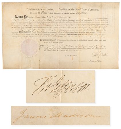 Lot #6 Thomas Jefferson and James Madison Document Signed as President and Secretary of State, Granting Land to Former President of the Confederation Congress Elias Boudinot - Image 1