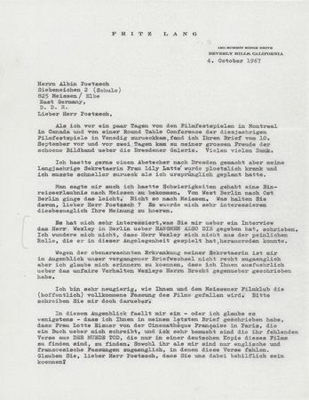 Lot #945 Fritz Lang Typed Letter Signed, Referring to the Films of Jean-Luc Godard and Orson Welles - Image 1