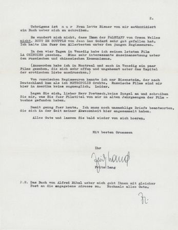 Lot #945 Fritz Lang Typed Letter Signed, Referring to the Films of Jean-Luc Godard and Orson Welles - Image 2