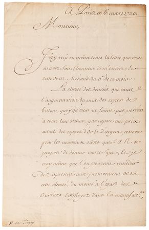 Lot #213 John Law Letter Signed, Expressing Confidence Amidst the Downfall of His Financial System: 