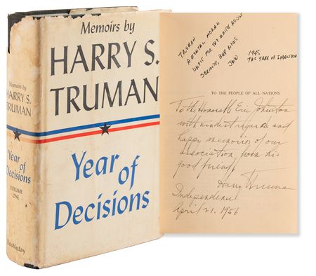 Lot #133 Harry S. Truman Signed Book - Memoirs: Year of Decisions, Presented to the President of the MPAA - Image 1