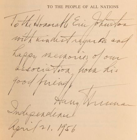 Lot #133 Harry S. Truman Signed Book - Memoirs: Year of Decisions, Presented to the President of the MPAA - Image 2
